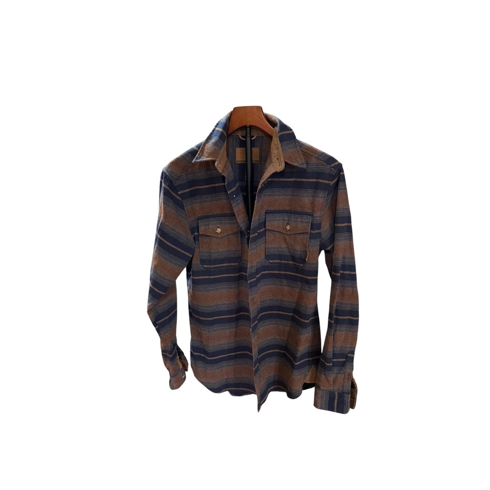 Levitate Mens Flannel Shirt Blue Brown Striped Organic Cotton Blend Outdoor sz S